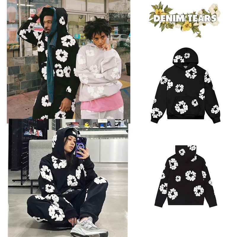 เสื้อกันหนาว DENIM TEARS The Cotton Wreath Sweatshirt Black hoodie เสื้อฮู้ดสไตล์คู่รัก