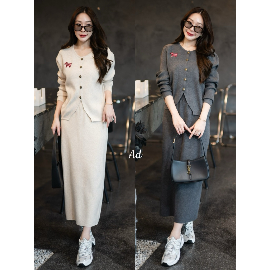 🌈🌿🌺🌸🌼🧡🩶🇰🇷 Knit Embroidery Dog Long Sleeve Cardigan &Long Skirt Set