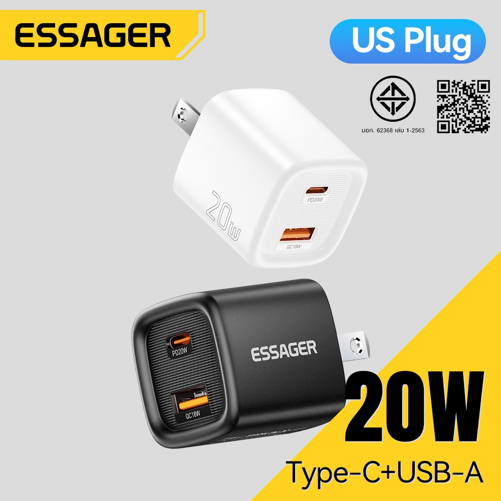 Essager อะแดปเตอร์ชาร์จเร็ว USB และ Type C 20W PD สำหรับโทรศัพท์