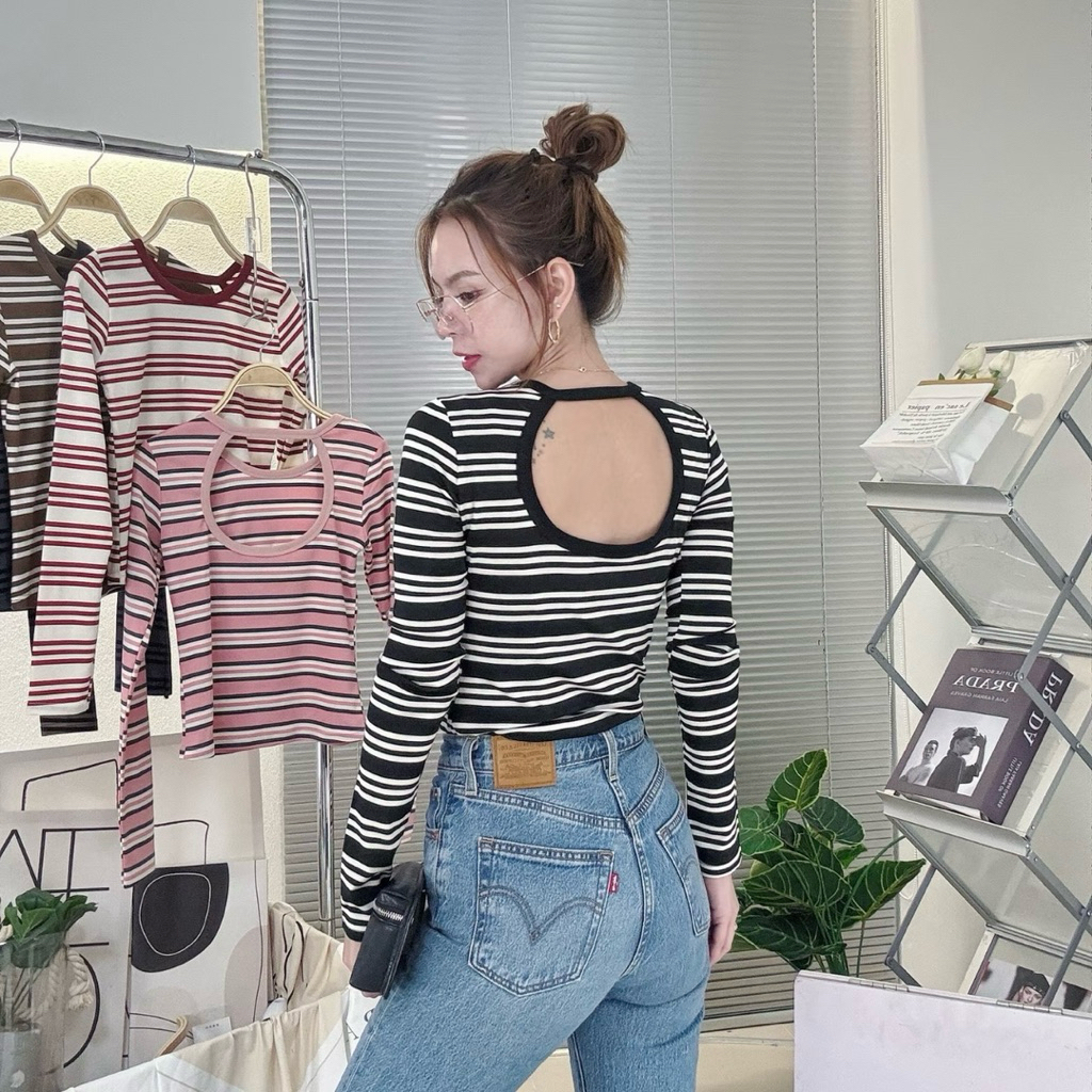 155-156 Deezyy เสื้อยืดคอกลม แขนยาวลายริ้ว เว้าหลัง แต่งกุ๊นคอ ผ้านุ่มคุณภาพดี สวมใส่สบาย ดีไซน์เรียบหรู
