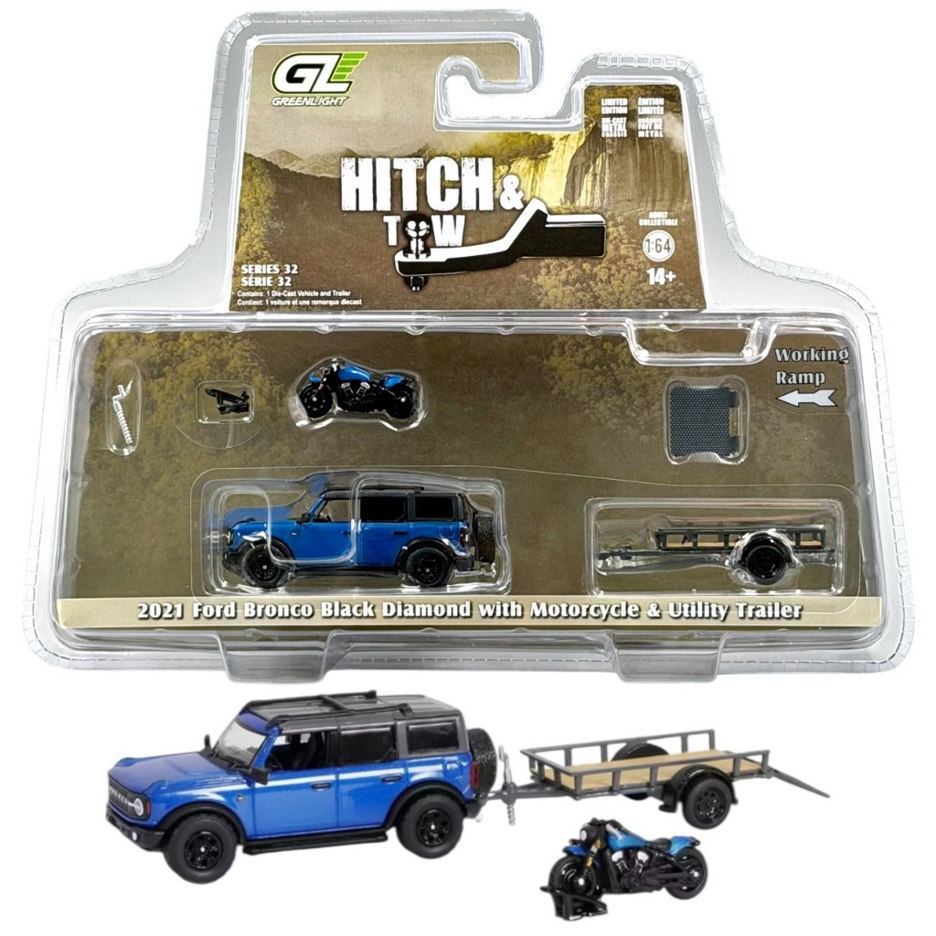 Greenlight Hitch & Tow | 2021 Ford Bronco Black Diamond with Utility Trailer and Motorcycle สเกล 1/64 32320