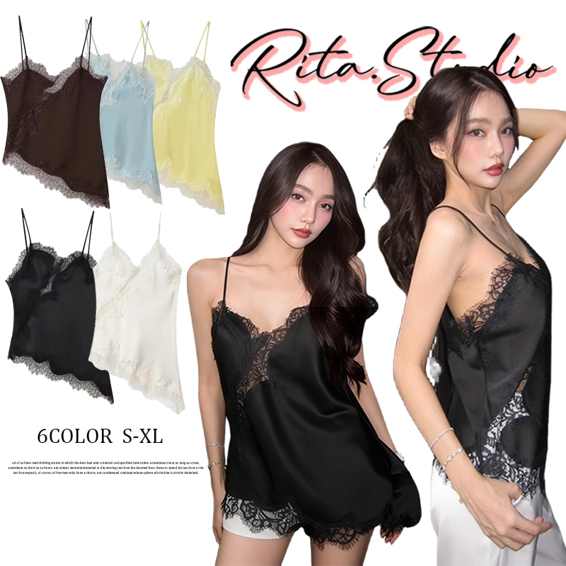 Rita พร้อมส่ง🍒เสื้อสายเดี่ยว ทรงยาว แต่งลูกไม้ แบบไม่สมมาตร เปิดหลัง ผ้าซาตินอย่างดี สไตล์ยุโรป เซ็กซี่แฟชั่นผู้หญิง