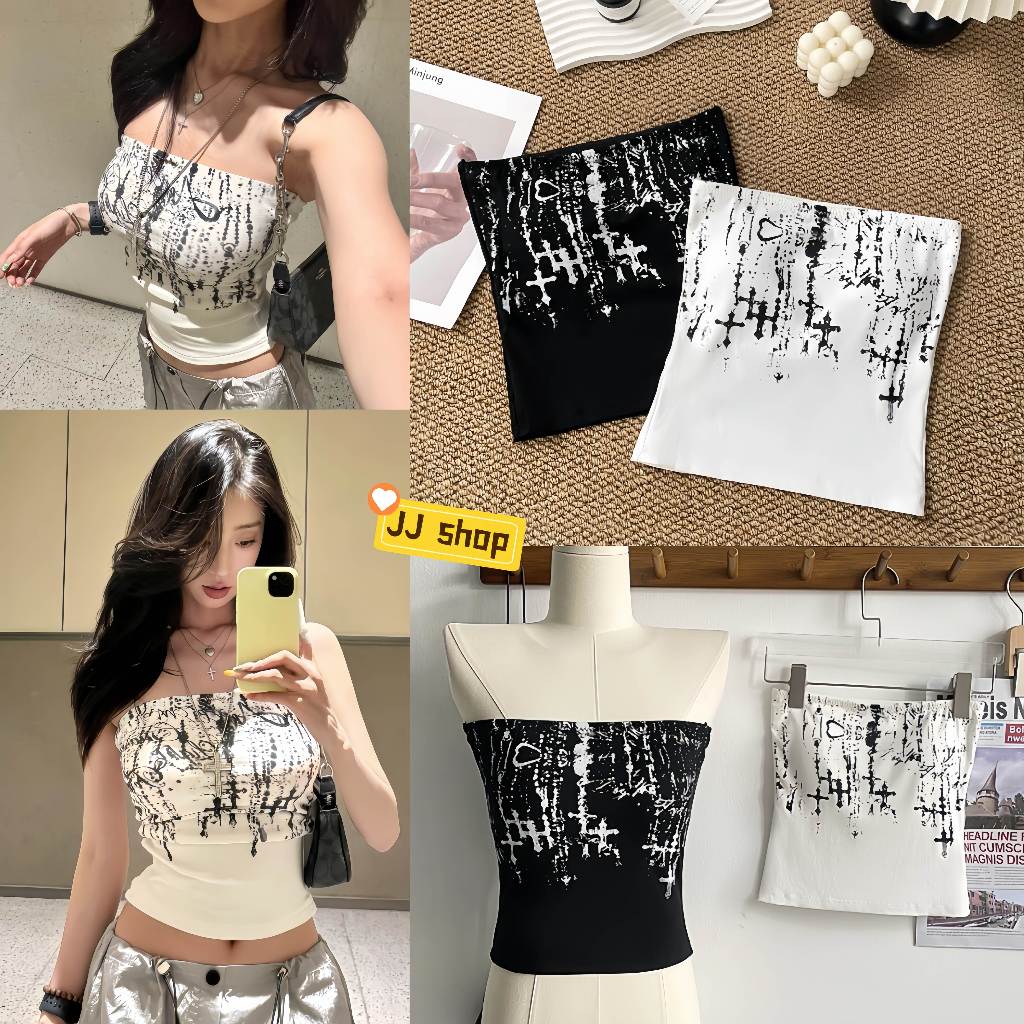 JJ Shop​💜พร้อมส่ง เสื้อเกาะอกสีพื้น เสริมฟองน้ำ คาวาอี้ยืดพอดีตัว ใส่สบายมาก "FY3588"
