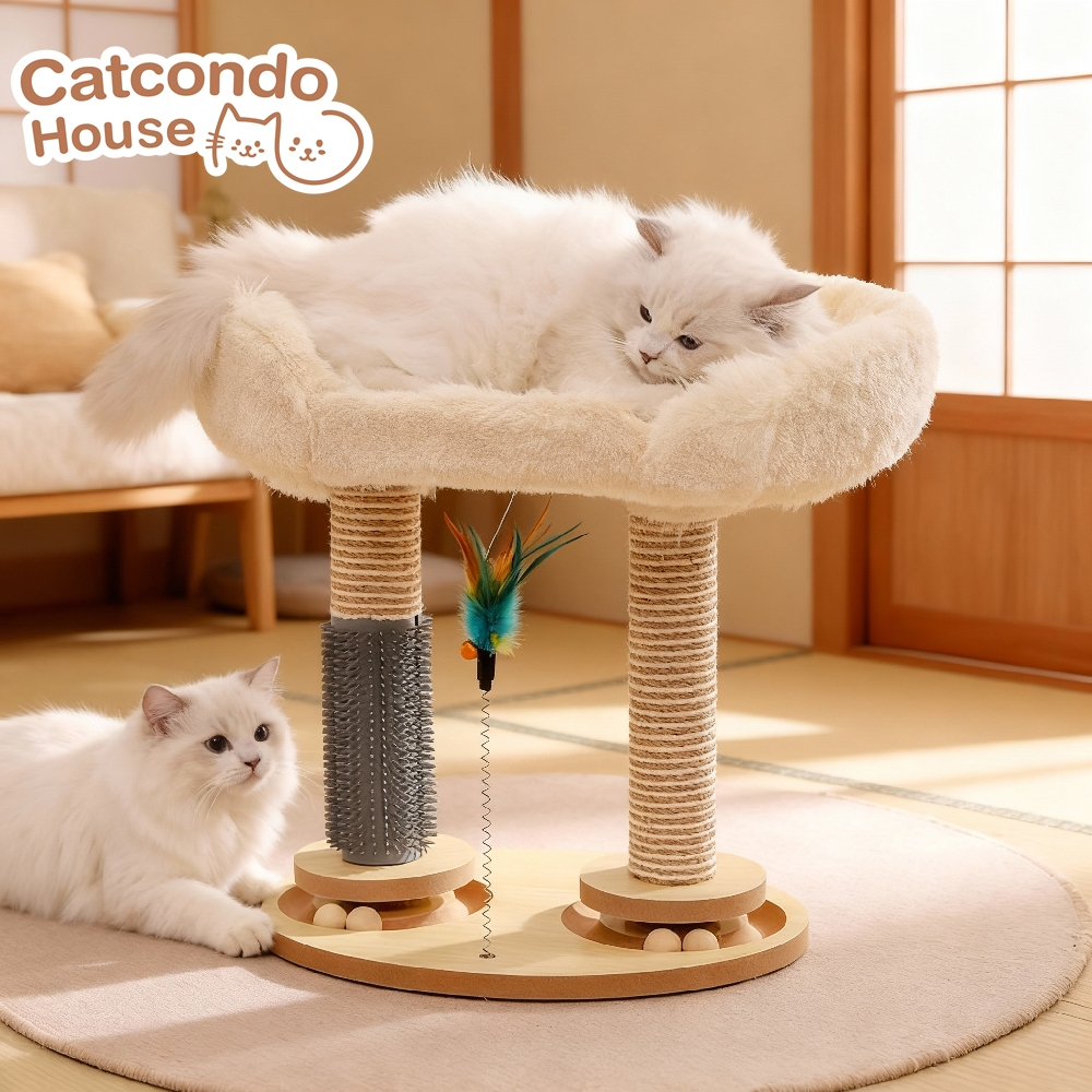 Cathouse รางบอลเสาคู่+เบาะนอนสีขาว คอนโดแมวเสาลับเล็บพร้อมที่นอนขนนุ่ม มีของเล่นในตัว ฐานไม้แข็งแรง