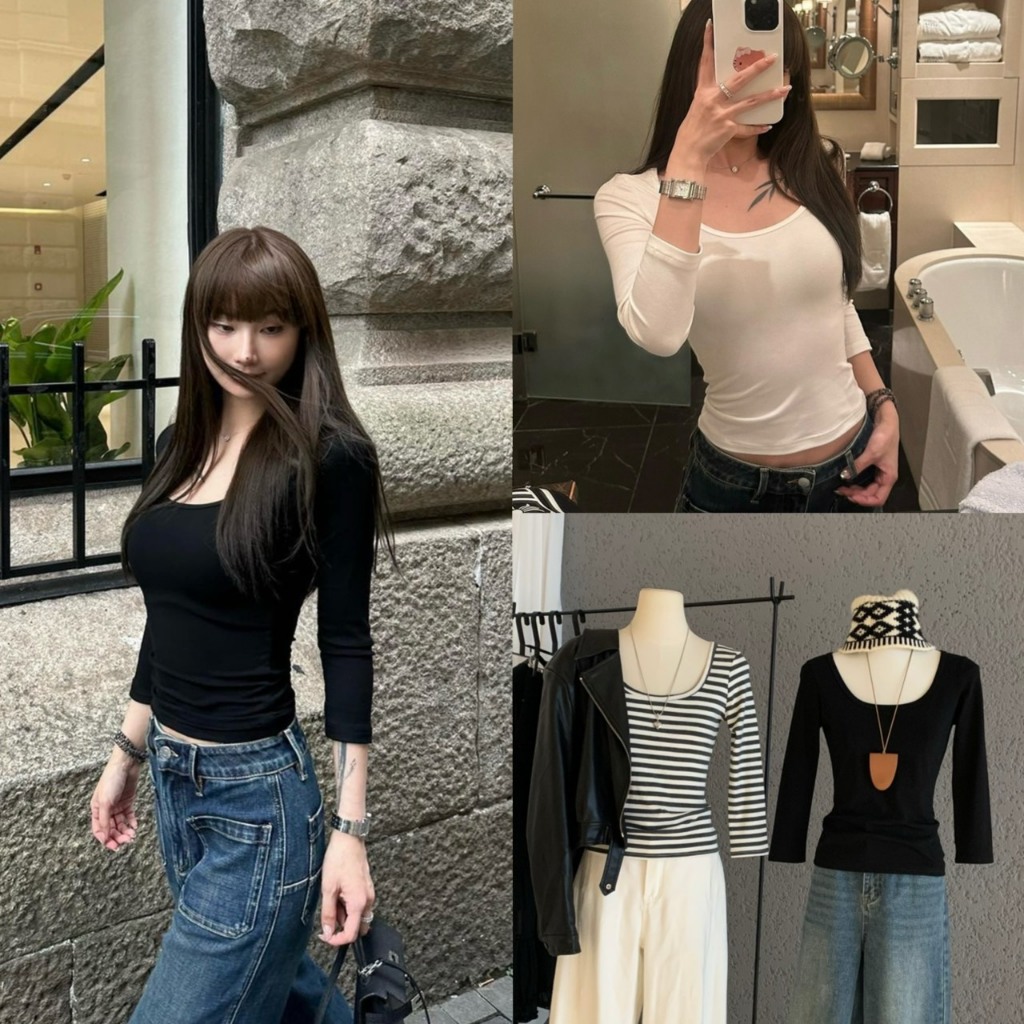 (พร้อมส่ง) เสื้อคอยูผ้ายืดหยุ่นรุ่น 7626 TAG WG.WE 🇰🇷
