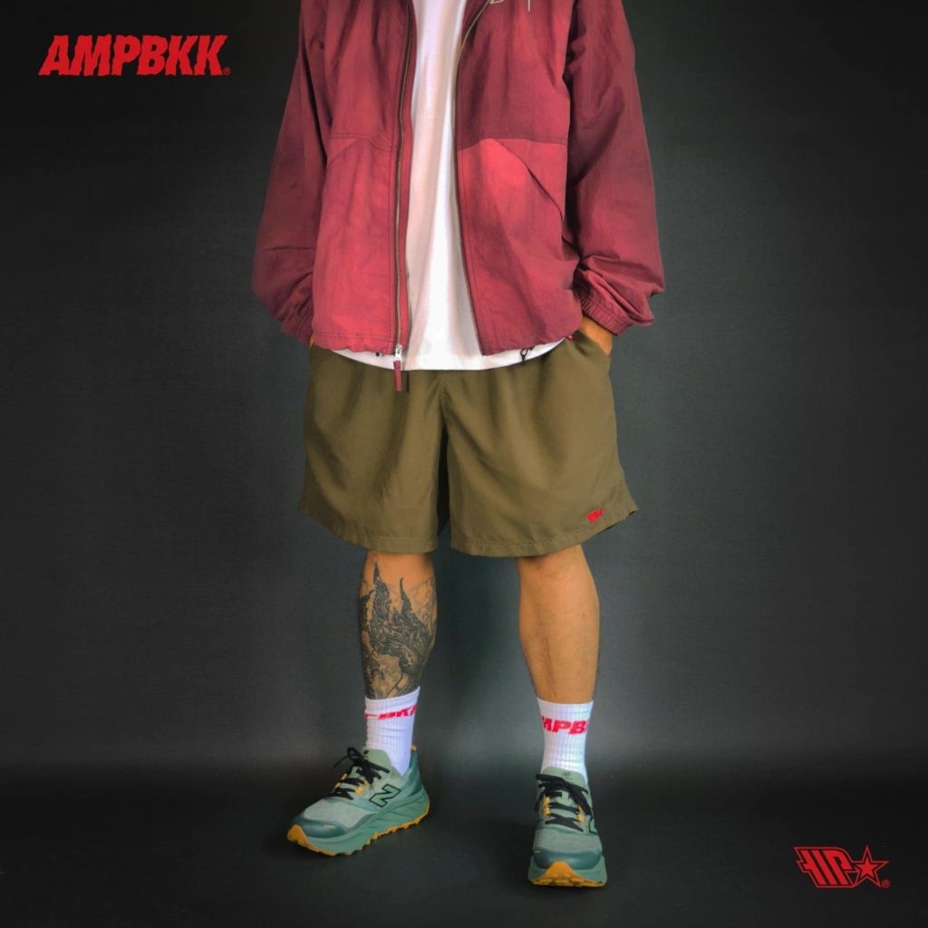 A.M.P. "LOGO-OLIVE" NYLON SHORTS