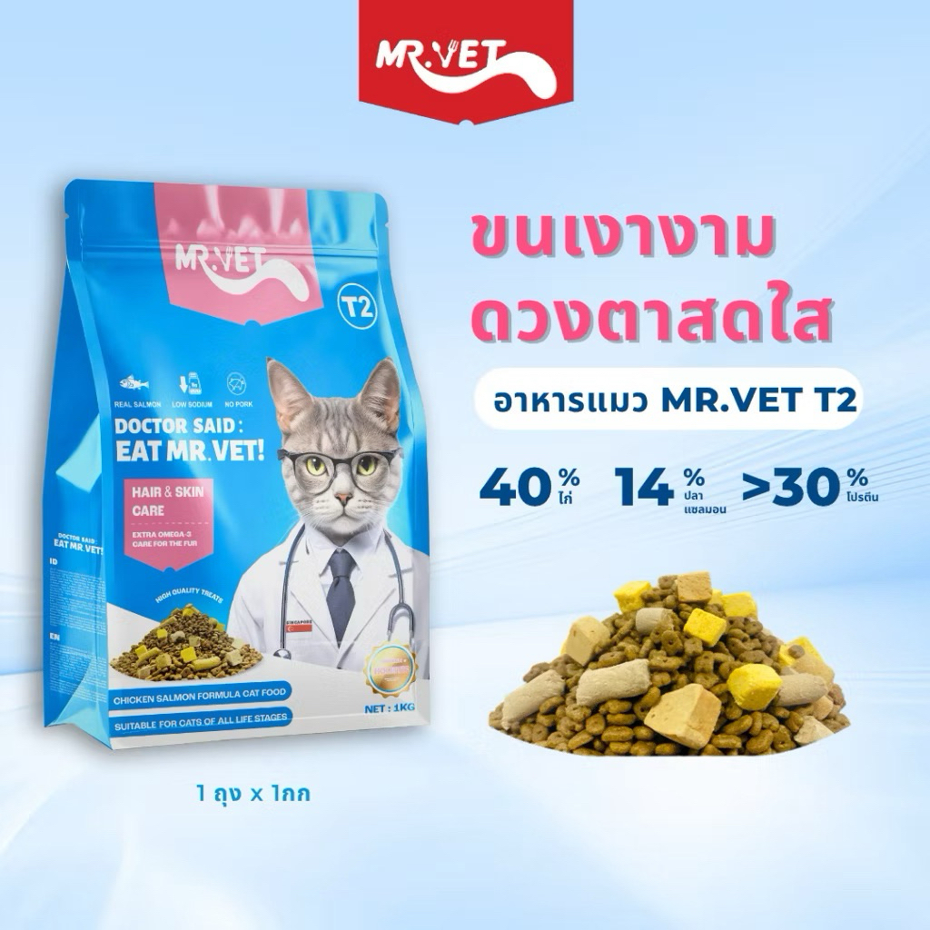 อาหารแมวแบบเม็ด MR.VET T2 ช่วยขนเงางามดวงตาสดใส