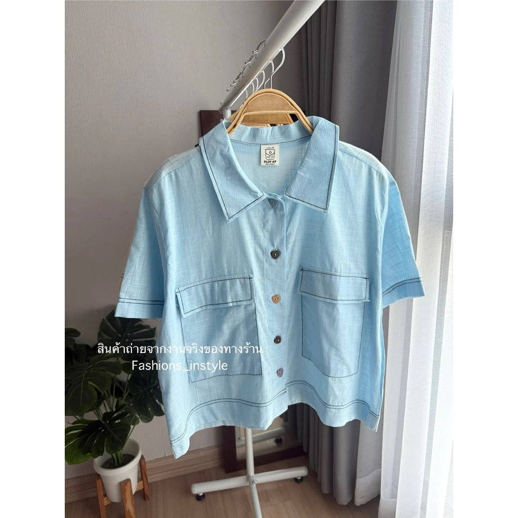 [อก 44] เสื้อเชิ้ตแขนสั้นผ้าฝ้ายเนื้อบางกระดุมหัวใจ (บาง ใส่สบาย) (GC5)