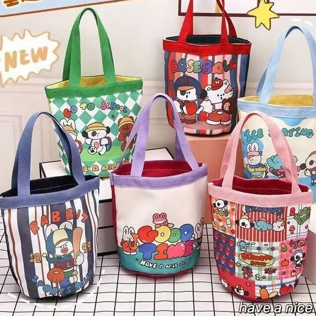 พร้อมส่ง กระเป๋าผ้าลายน่ารัก สไตล์เกาหลี กระเป๋าถัง ใส่อาหาร ของใช้ น่ารัก กระเป๋าผ้าแคนวาส canvas lunch bag Korean