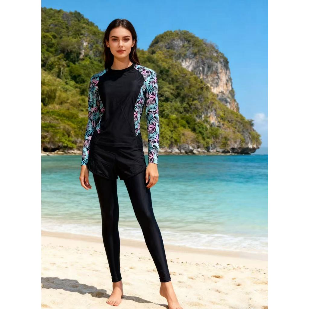 พร้อมส่งจากไทย 31012 ชุดว่ายน้ำ แขนยาว-กางเกงขาสั้น-ขายาว เเบบ 2 ชิ้น