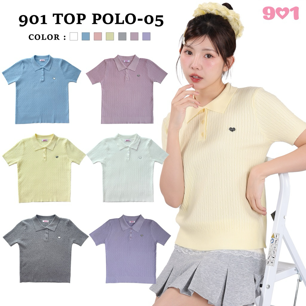 901 Polo-05 เสื้อไหมพรมคอปก ผ้าลายเปีย ปักอะไหล่หัวใจ901 เสื้อไหมพรมแขนสั้น