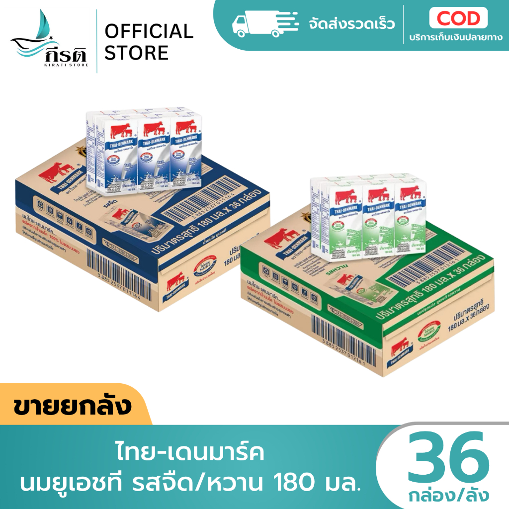(ขายยกลัง) บรรจุ 36 กล่อง ไทย เดนมาร์ค (วัวแดง) นมยูเอชที จืด / หวาน 180 มล.