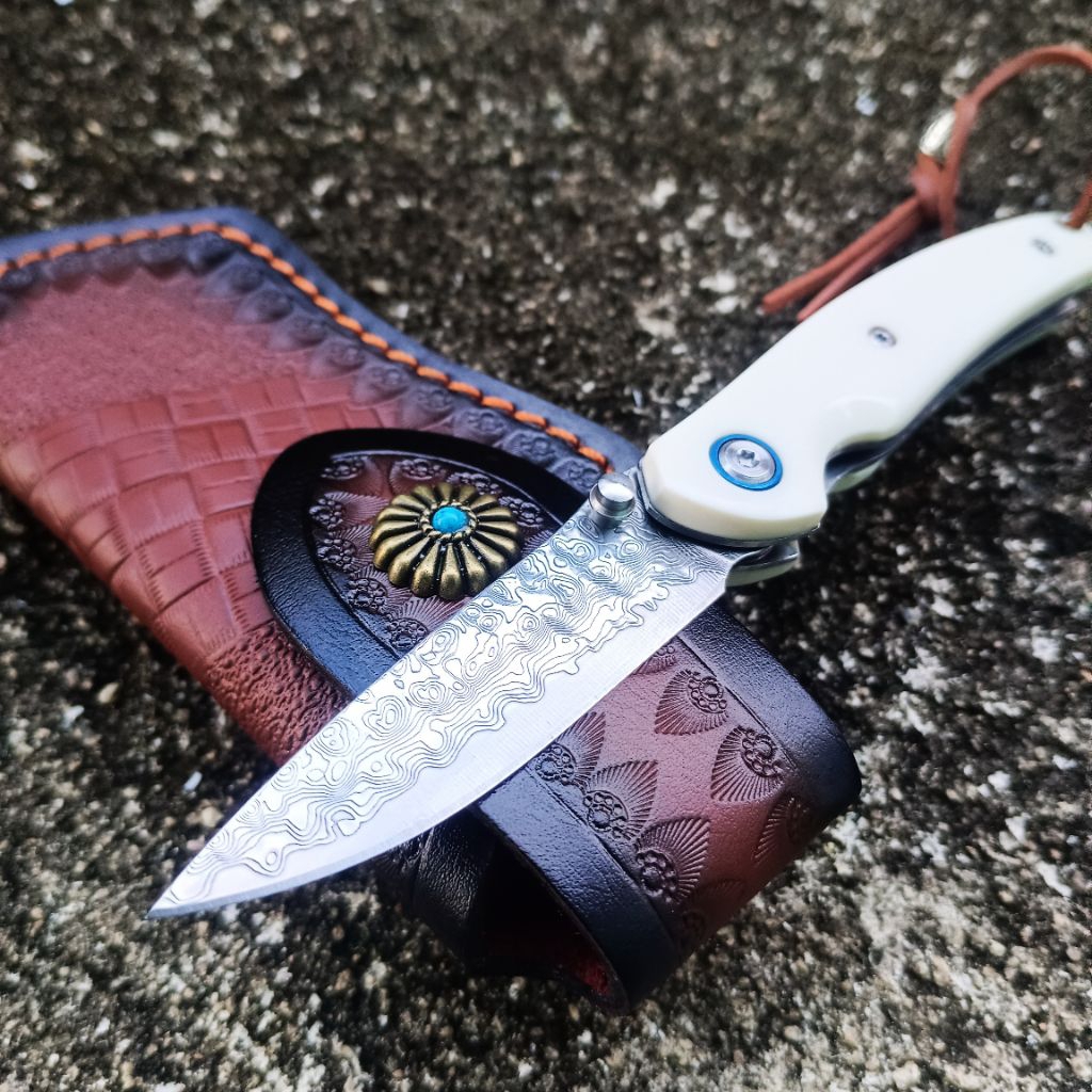 DAMASCUS VG10 STEEL ด้ามอะครีลิคขาว งานมาเล พร้อมซอง