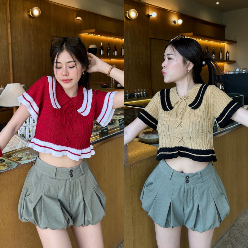 🌈SpinnyHouse🌈เสื้อครอป ทรงคอปกแขนสั้น ถักเชือกรูดผูกโบว์ ผ้าไหมพรมด้ายฟู สาวอวบใส่ได้ เสื้อใส่เที่ยวทะเล รุ่น ระบบ
