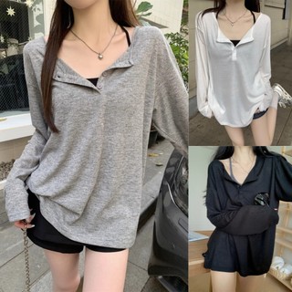 เสื้อยืดเเขนยาว เสื้อกันเเดดสาวอวบ เปิดไหล่ได้ ผ้านิ่มใส่สบาย สไตล์ลำลอง#2414