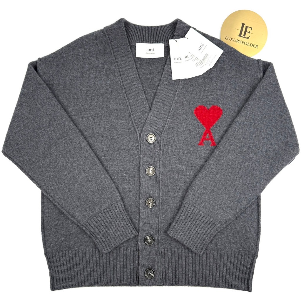 เสื้อคาร์ดิแกน AMI Paris Ami Alexandre Mattiussi  UKC367018-084 สี เทา Logo แดง ของแท้ 100%