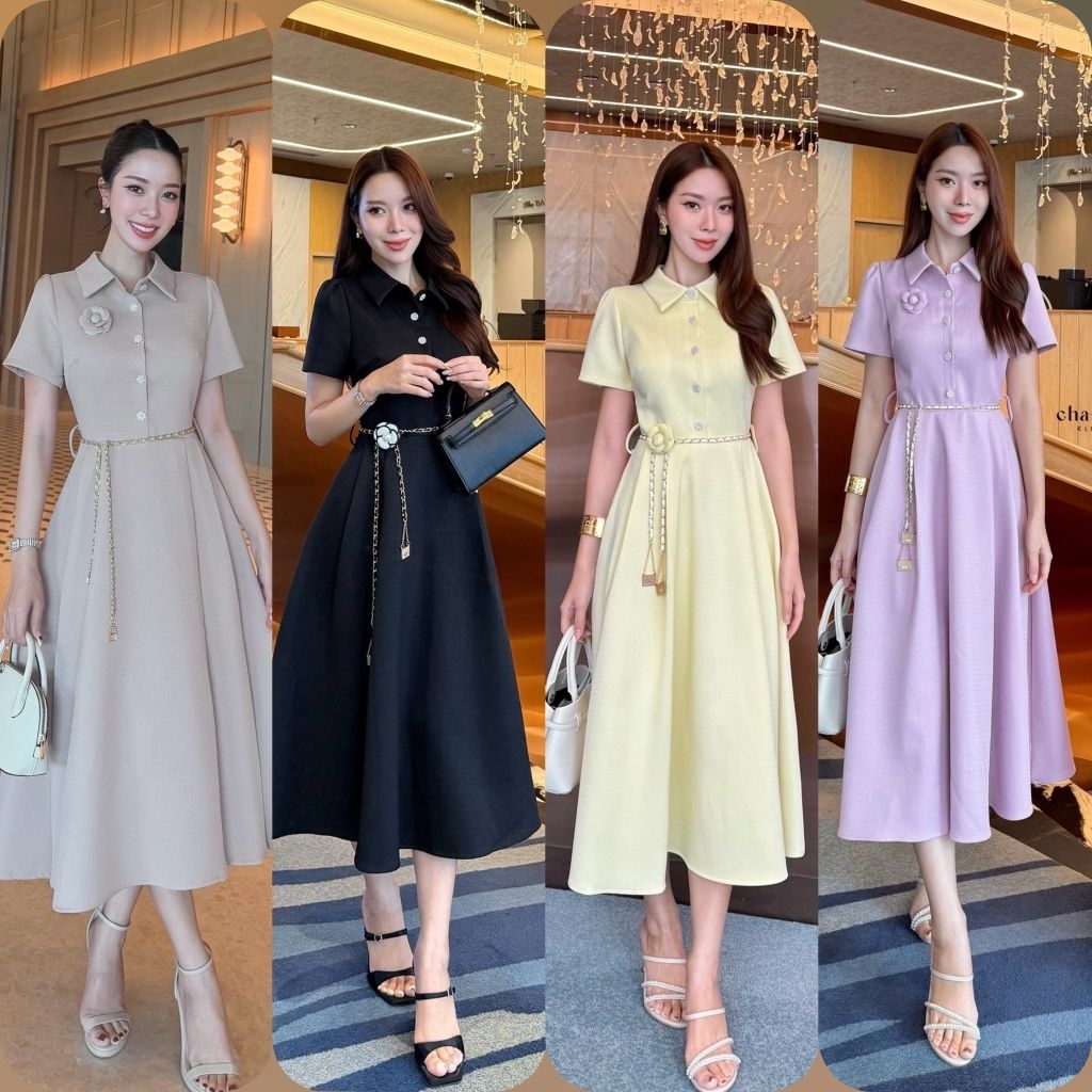 Charissa พร้อมส่งสีดำ /ชุดเดรสยาวคอปกแขนสั้นแต่งกระดุมหน้า