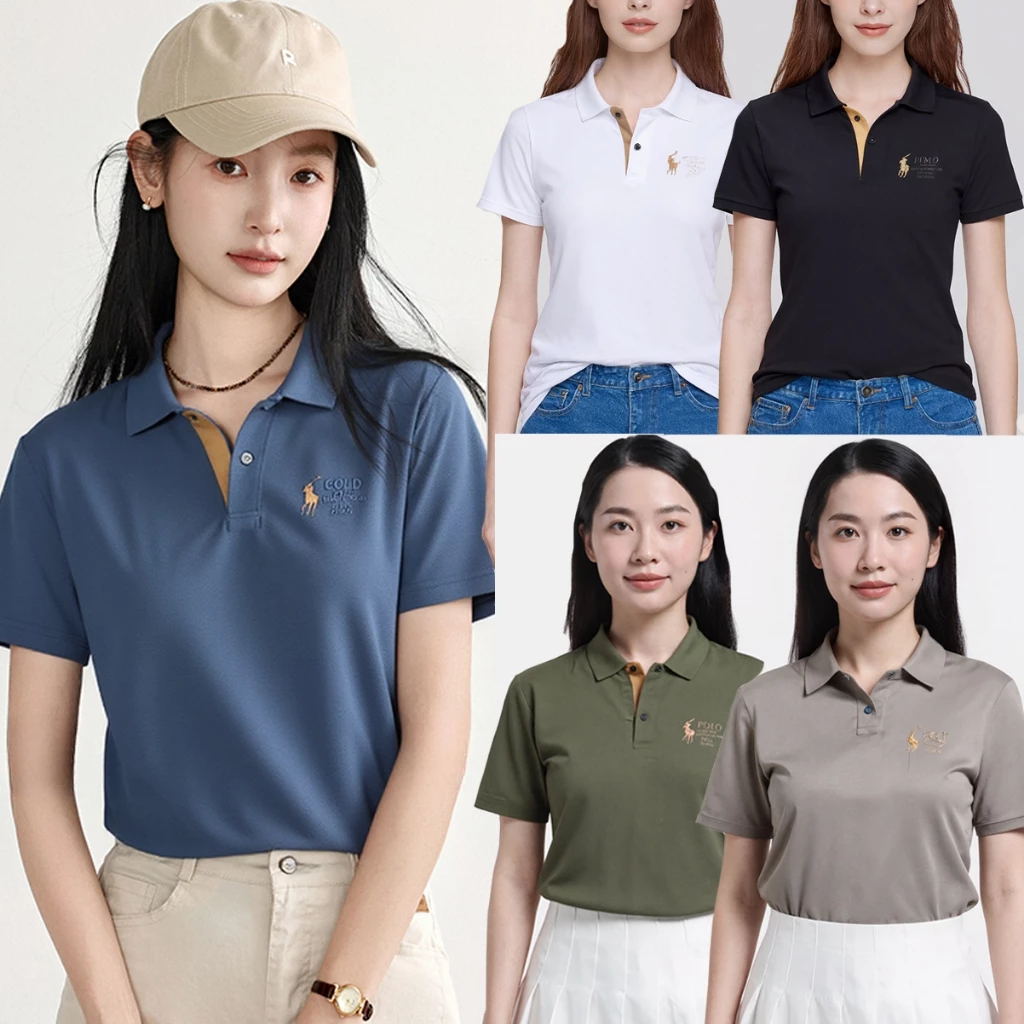 Plus size~Polo shirt Women's blue short sleeve เสื้อแขนสั้นลายปักแนวเทรนด์ เสื้อโปโลสไตล์สบาย ๆ ใส่ได้หลายโอกาส HOT