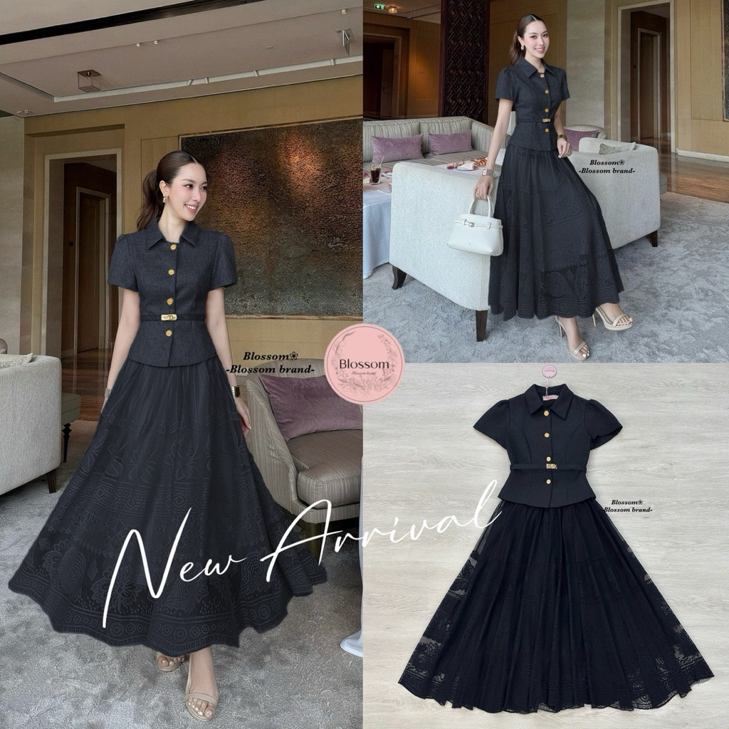 ชุดsetหรูหราโทนสีดำ มีความเรียบร้อย หรูสง่า ดูแพงแบบไม่เว่อร์ เสื้อทรงเบลาส์ผ้าทวิตแขนสั้น คอปก