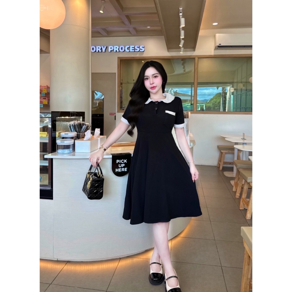 R59 ชุดเดรสสีพื้น-กระโปรงบานเสื้อแขนสั้นคอปก  เสื้อมีกระเป๋า เรียบหรู ผ้าวูลเวฟ