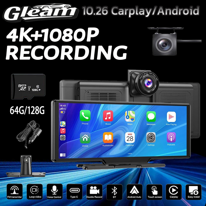 จังหวัดสมุทรสาคร ส่ง✨4K + 1080P 10 นิ้วหน้าจอสัมผัสเลนส์คู่รถ TouchScreen DVR WIFI AndroidAuto Carplay รถกล้องเครื่องบั