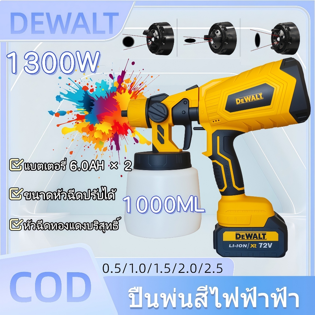 DeWalt 1000ml กาพ่นสีไฟฟ้า กาพ่นสีไร้สาย 2 * แบตเตอรี่ ปืนพ่นสี ไฟฟ้า กาพ่นสีบ้าน (ใช้ได้ทั้งสีน้ำ + สีน้ำมัน)