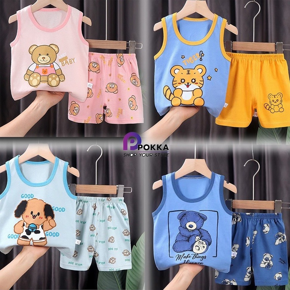 subscrub ชุดเซ็ตแฟชั้นเสื้อกล้าม+กางเกงขาสั้นเด็กๆๆ ลายการ์ตูนน่ารัก มีหลากหลายสี หลายขนาด