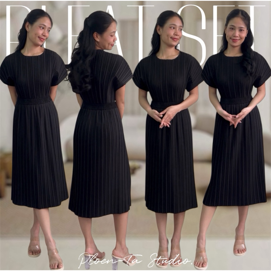 Pleat twist classic set ชุดพลีทเข้าเซท เสื้อแขนสั้นอัดพลีท เข้าขุดกับกระโปรงพลีท สีพื้นสุดคลาสสิค มี4สี