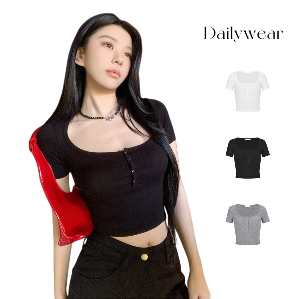 Dailywear พร้อมส่ง✨Baby tee เสื้อยืด ดีไซน์ย้อนยุคอเมริกัน คอวี แขนสั้น หญิง สาวฮอต เสื้อทรงสลิมฟิต