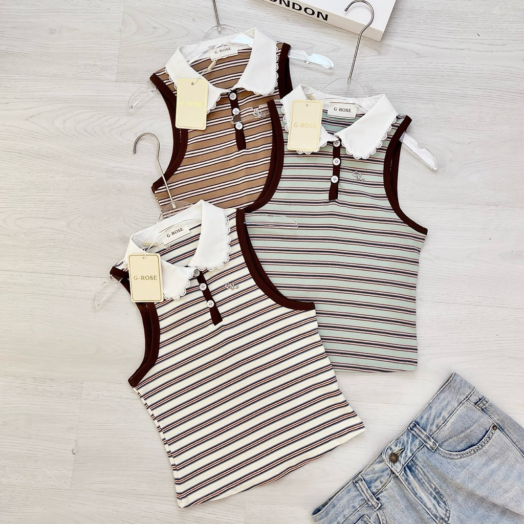 G-rose เสื้อแขนกุดปกหยัก ผ้าร่องลายริ้ว