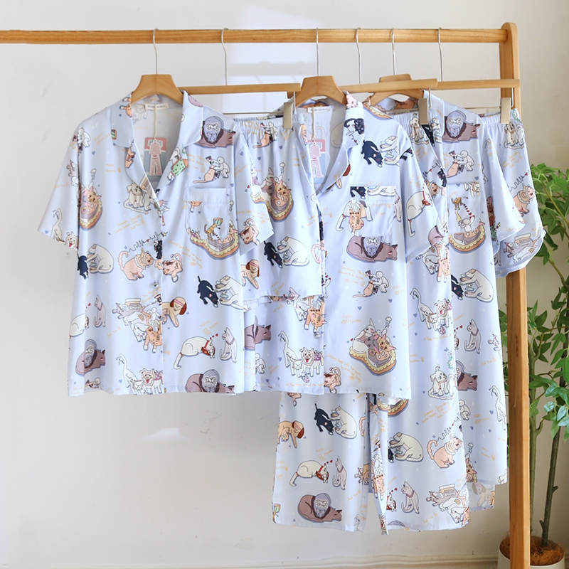 ชุดนอน Muslin Pajamas Silk Satin รุ่น Lazy Morning Cats (N2199 T2199 K2199) | ชุดนอนผู้หญิง