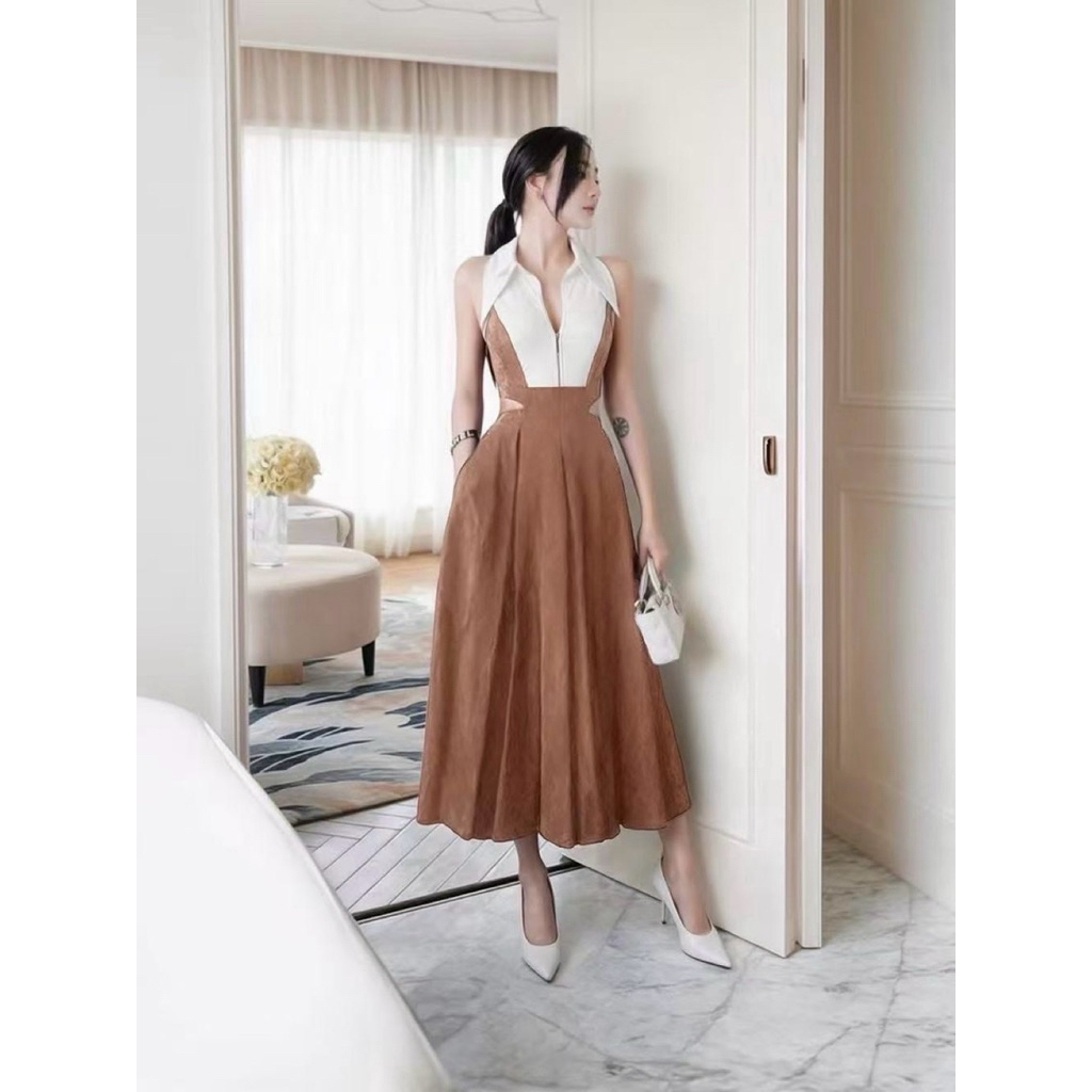 เดรสทูโทนสีน้ำตาลทองปกขาว XL Brand Ticha ของใหม่ป้ายห้อย
