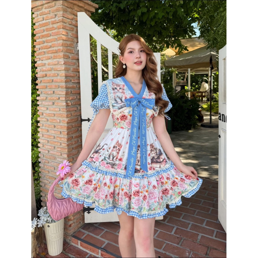 NEW มือ1🩷🎉 เดรสสั้นเเต่งโบว์ฟ้า XXL พิมพ์ลายน้องหมี BLT