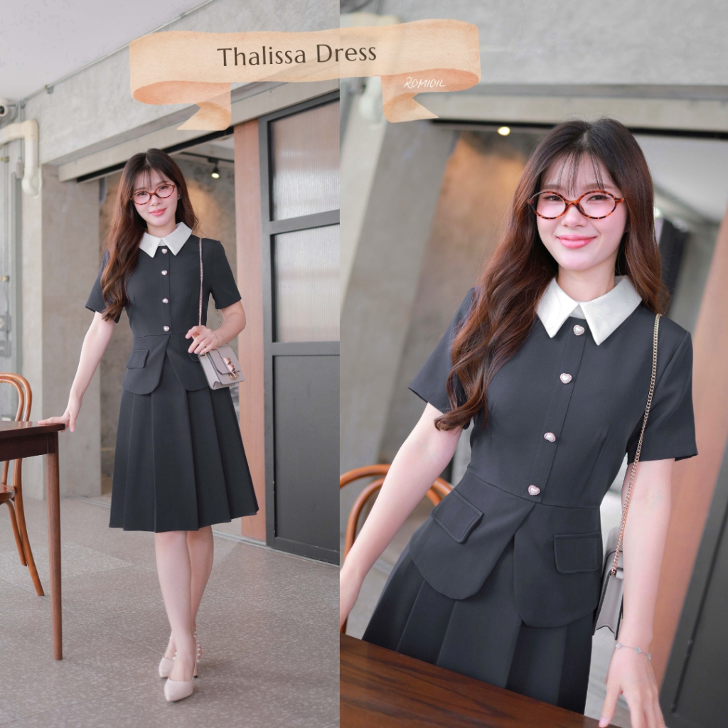 "Romi"Oil" Thalissa Dress (Black) K334 ชุดเดรสสีดำ (คอปกขาวแต่งกระดุมหัวใจ)
