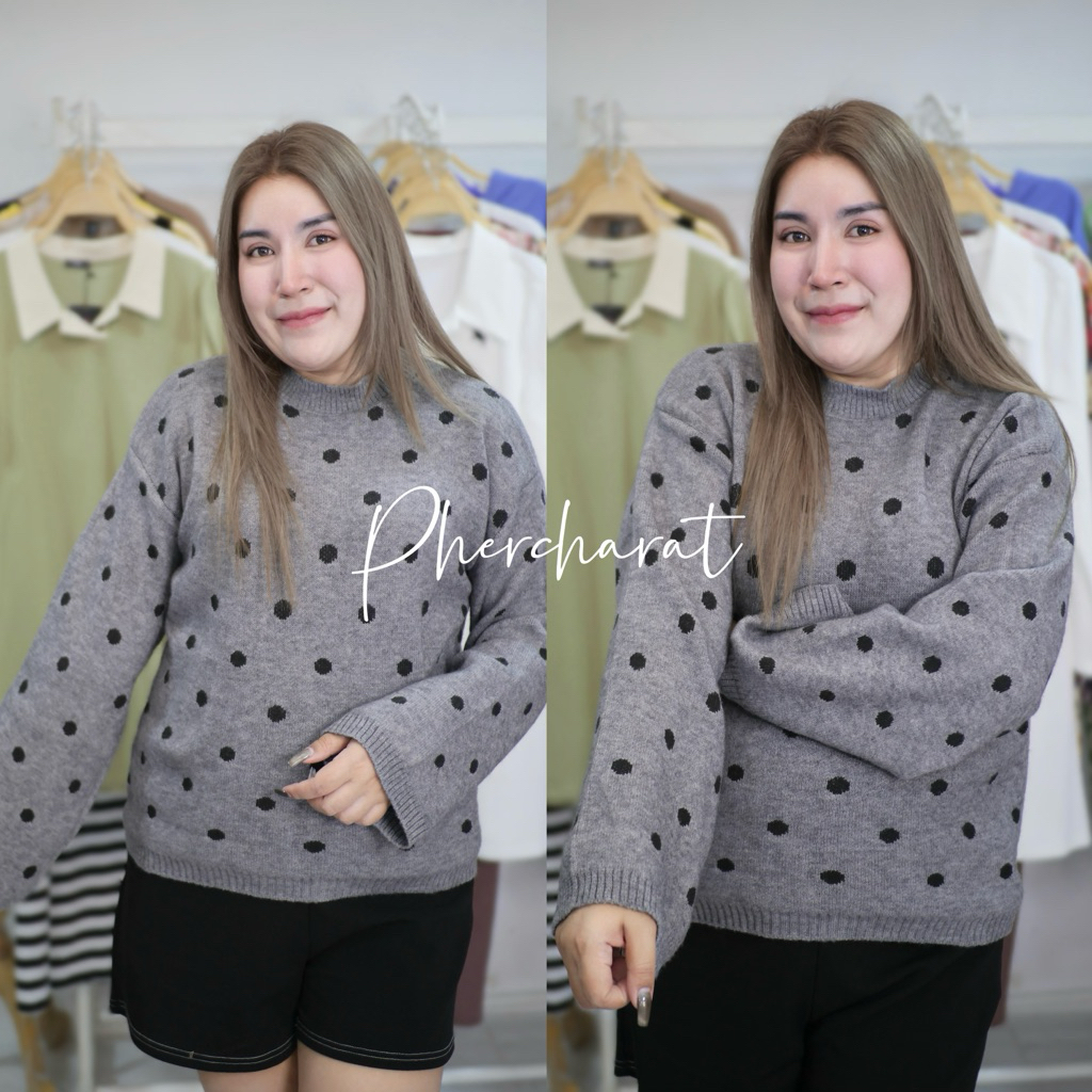 เสื้อไหมพรมสเวตเตอร์ผู้หญิงแขนยาวลายPOLKA DOTน่ารักๆ พร้อมส่ง