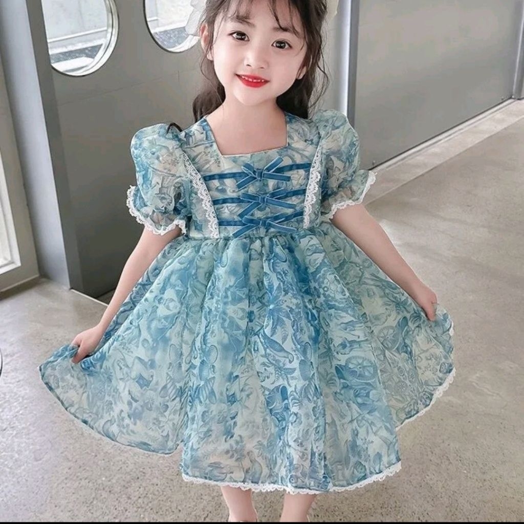 ชุดเดรสลูกสาว เดรสสีฟ้าแต่งโบว์
