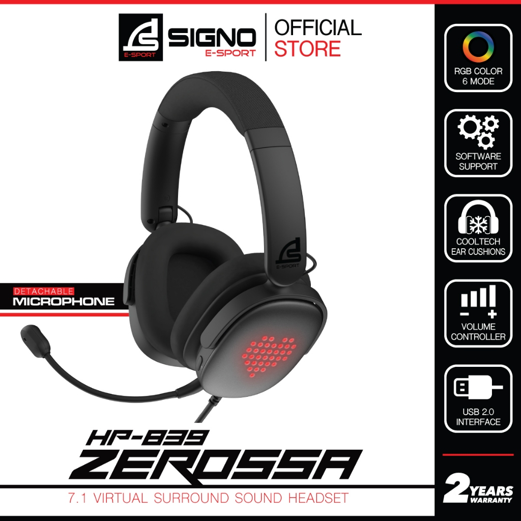 SIGNO HP-839 หูฟังเกมมิ่ง Gaming Headset ระบบเสียง 7.1 Surround ไฟ RGB มีซอฟแวร์ น้ำหนักเบา สายยาว 2.2ม. เชื่อมต่อแบบUSB