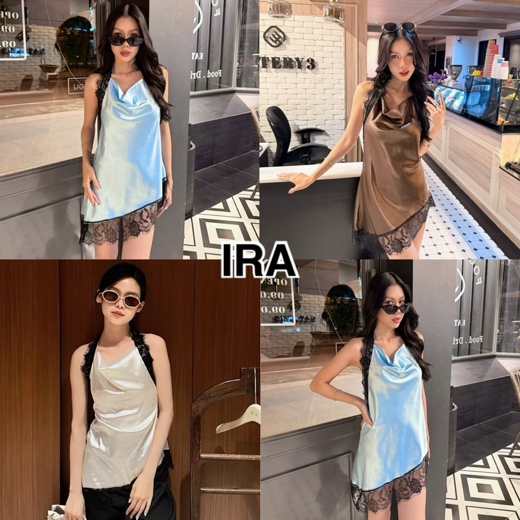 BY IRA Sebastian พร้อมส่ง ลูกไม้สายคล้องคอ ผู้หญิง สีพื้น แต่งลูกไม้  เสื้องานผ้าซาติน ชายเฉียง (ไม่มีซับใน)