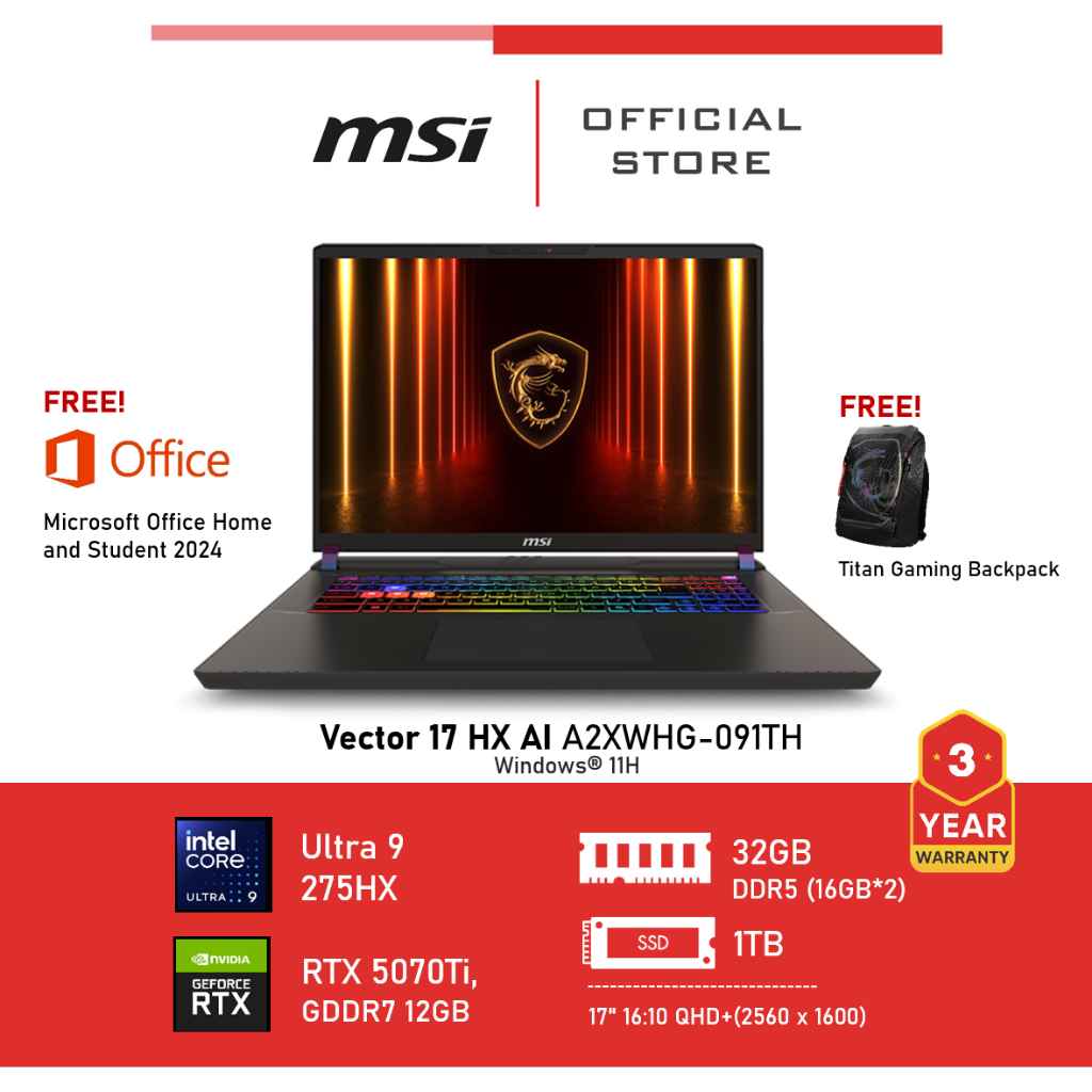 MSI Vector 17 HX AI A2XWHG-091TH (NVIDIA® GeForce RTX™ 5070 Ti Laptop GPU, GDDR7 12GB) Laptop โนตบุค