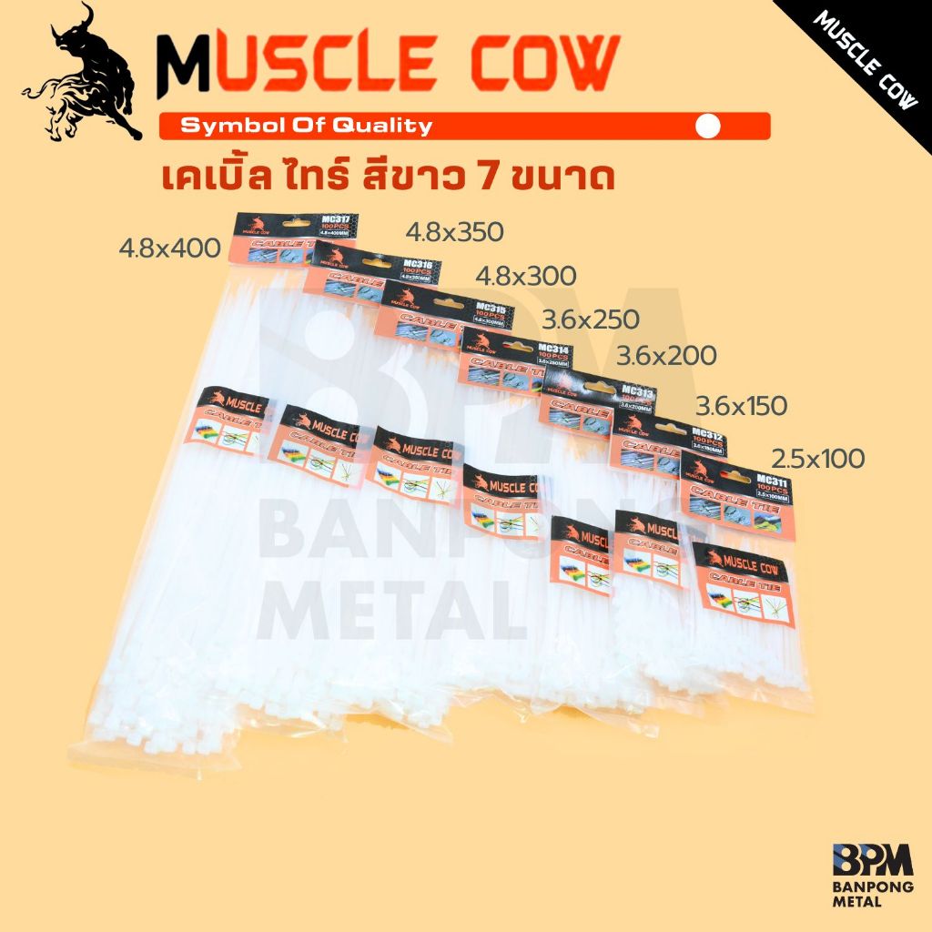 MUSCLE COW  เคเบิ้ลไทร์  ซิปไทร์  สายรัดท่อ  สายรัดเคเบิ้ล หนวดกุ้ง 100-400 mm.