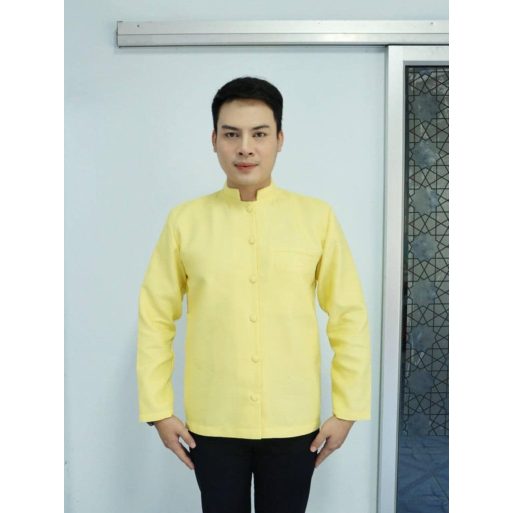 ชุดผ้าทอชาย คอจีน สีเหลืองพาสเทล