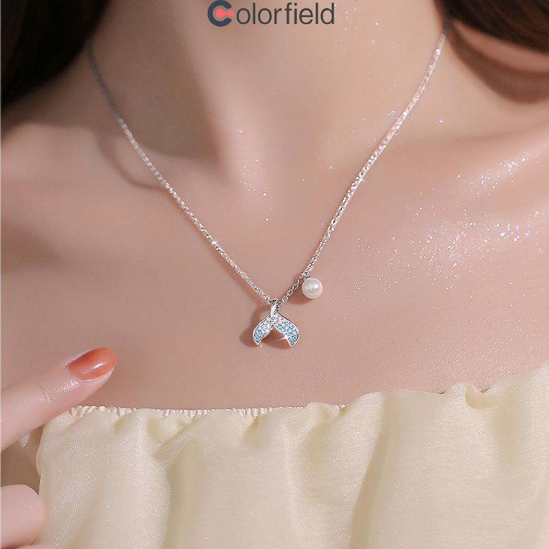 Colorfield สีฟ้าสร้อยคอจี้หางปลา ประดับไข่มุก เกาหลีแฟชั่น ทนทานสำหรับผู้หญิง เครื่องประดับ-COD-ในไทย💖