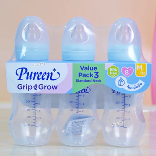 Pureen ขวดนมเพียวรีนจับถนัดมือ PPคอมาตรฐานแพ็ค3ขวดจุกนุ่มAnti-colic Grip grow