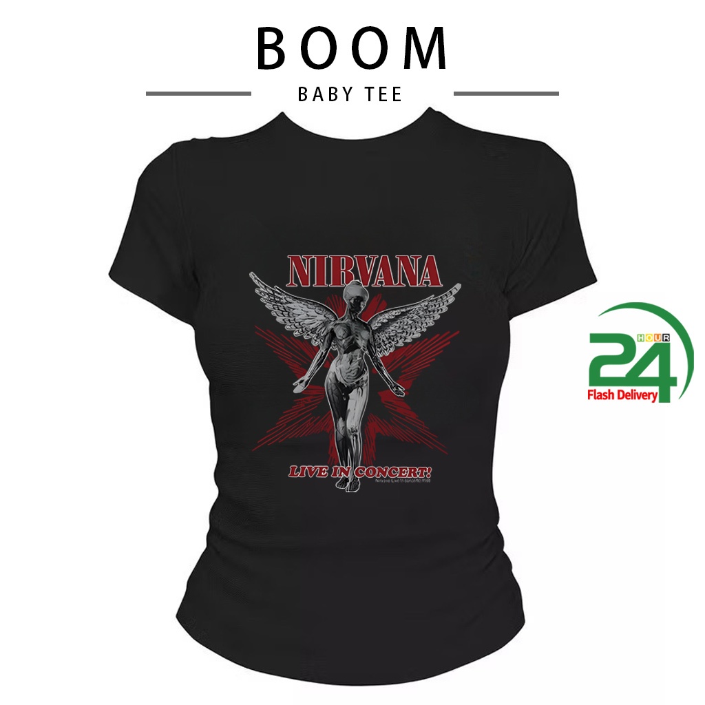 COD(จัดส่งภายใน 24 ชั่วโมง)BOOM NIRVANA เสื้อครอปเข้ารูปBaby tee y2k เสื้อคอกลม รูปที่ 6