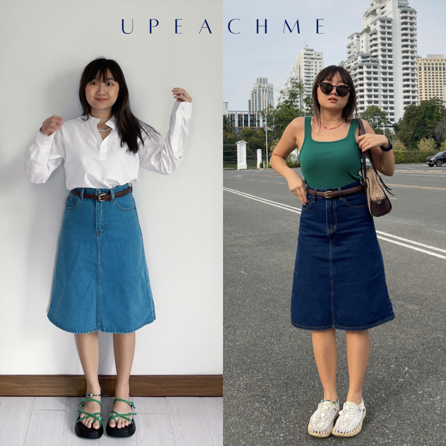 upeachme(D21-D27) SEOUL JEAN SKIRT (S-4XL) กระโปรงยีนส์ยาวคลุมเข่า กระโปรงยีนส์ทรงเอผ้าเกรดพรีเมียม