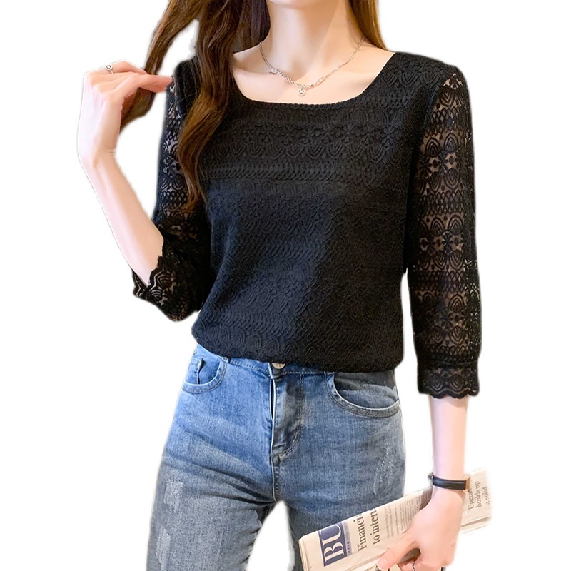 XWbrand    เสื้อเชิ้ตลูกไม้ คอเรือโชว์กระดูกไหปลาร้า แขนกุดรีดทรวงลูกไม้โปร่ง หลายสีให้เลือก