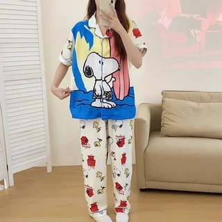 🌸ชุดนอนผู้หญิง🌸แขนสั้นขายาว L-4XL ผ้าไหมอิตาลี ชุดนอนคอปก ลายการ์ตูนน่ารัก งานใส่สบาย บิ๊กไซร์ สินค้าพร้อมส่ง