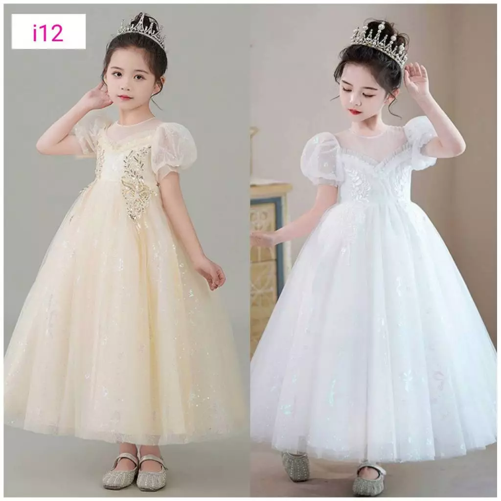 i12 ชุดเดรสออกงานเด็ก ชุดราตรียาวสีขาว แขนตุ๊กตา พร้อมส่งจากไทย