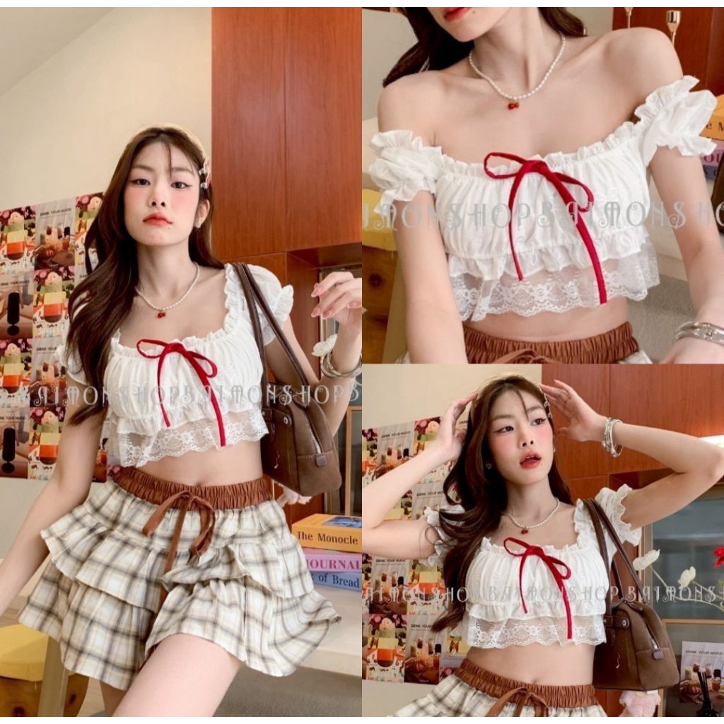 เสื้อครอปแขนตุ๊กตาตัวสั้นผ้าคอตตอนฉลุผูกโบว์หน้า