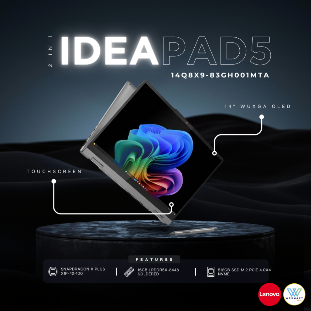 LENOVO IDEAPAD 5 2-IN-1 14Q8X9 (83GH001MTA) : Snapdragon X Plus/Win11+Office2021/Warranty 2 Year